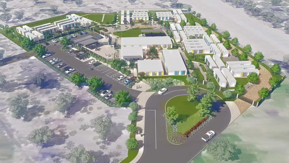 A rendering shows the Wellness Center Campus, a facility that will provide interim housing for the homeless and support services, currently being built in Old Town Victorville near Eva Dell Park.