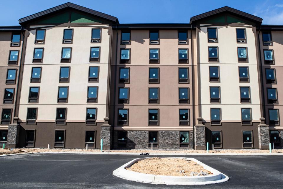 The Great Wolf Lodge's facade is featured during a hard hat tour in Perryville, Md., Wednesday, Feb. 8, 2023.