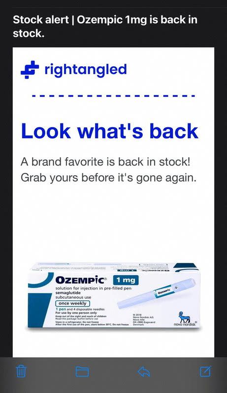 A handout smartphone screengrab of a marketing email from a private online pharmacy Rightangled, advertising Ozempic