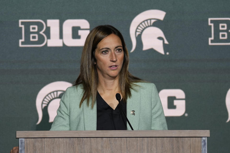Michigan State head coach Robyn Fralick speaks during Big Ten NCAA college basketball Media Days Monday, Oct. 9, 2023, in Minneapolis. (AP Photo/Abbie Parr)
