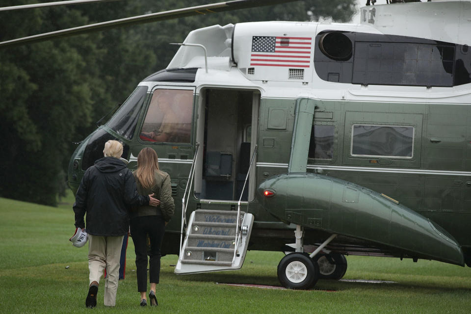 Trump and first lady Melania walk on the South Lawn towards Marine One.&nbsp;