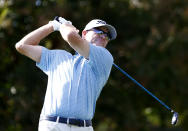 Steve Flesch looks on his tee shot at the 10th hole during the second day of the Dominion Energy Charity Classic golf tournament at Country Club of Virginia on Saturday, Oct. 23, 2021, in Richmond, Va. (Daniel Sangjib Min/Richmond Times-Dispatch via AP)