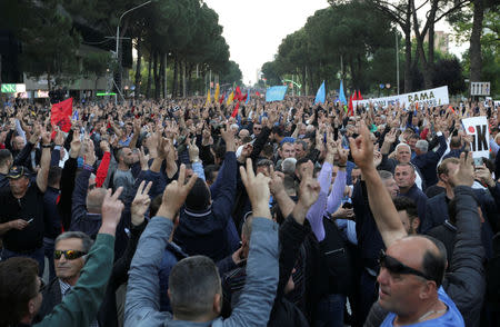 Supporters of the opposition party attend an anti-government protest in front of Prime Minister Edi Rama's office in Tirana, Albania, May 25, 2019. REUTERS/Florion Goga