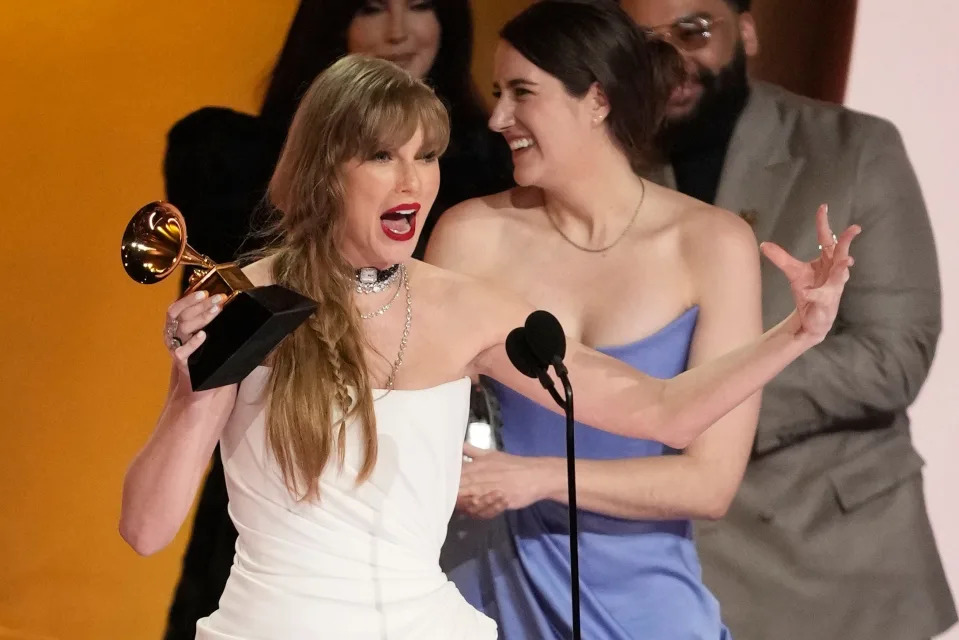 Taylor Swift accepts the award for Album Of The Year during the 66th Annual Grammy Awards at Crypto.com Arena in Los Angeles on Sunday, Feb. 4, 2024. Mandatory Credit: Robert Hanashiro-USA TODAY