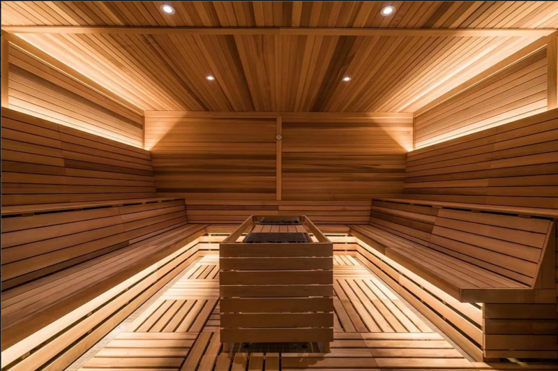 The cedar-lined sauna inside 50 West. - Screenshot: MLS