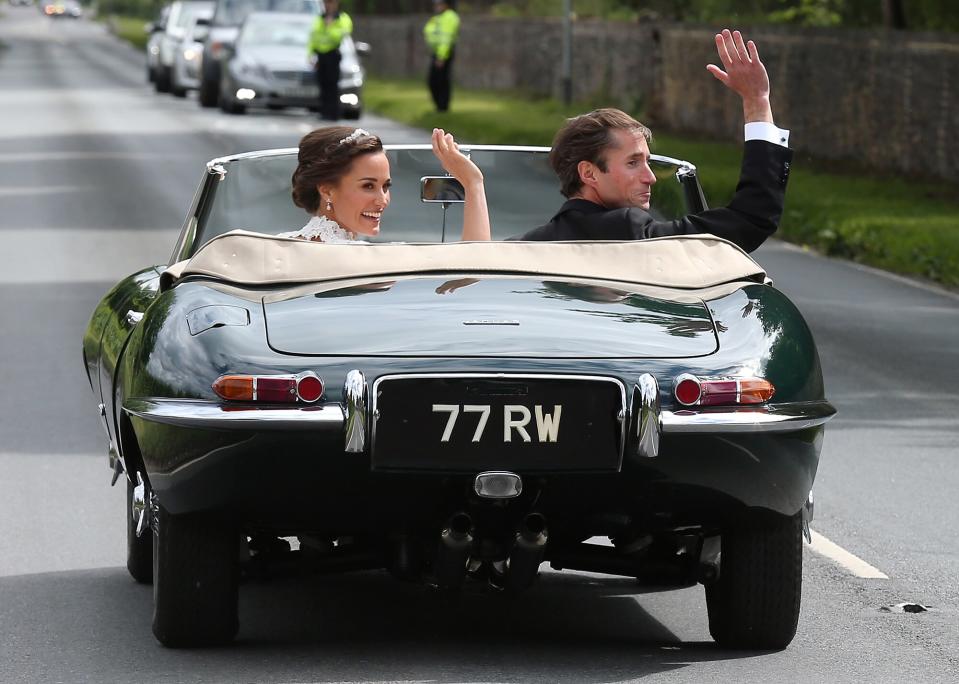 Pippa Middleton and her new husband James Matthews seen leaving St Mark's Church in a classic car after their Wedding Ceremony on May 20, 2017 in Englefield, England