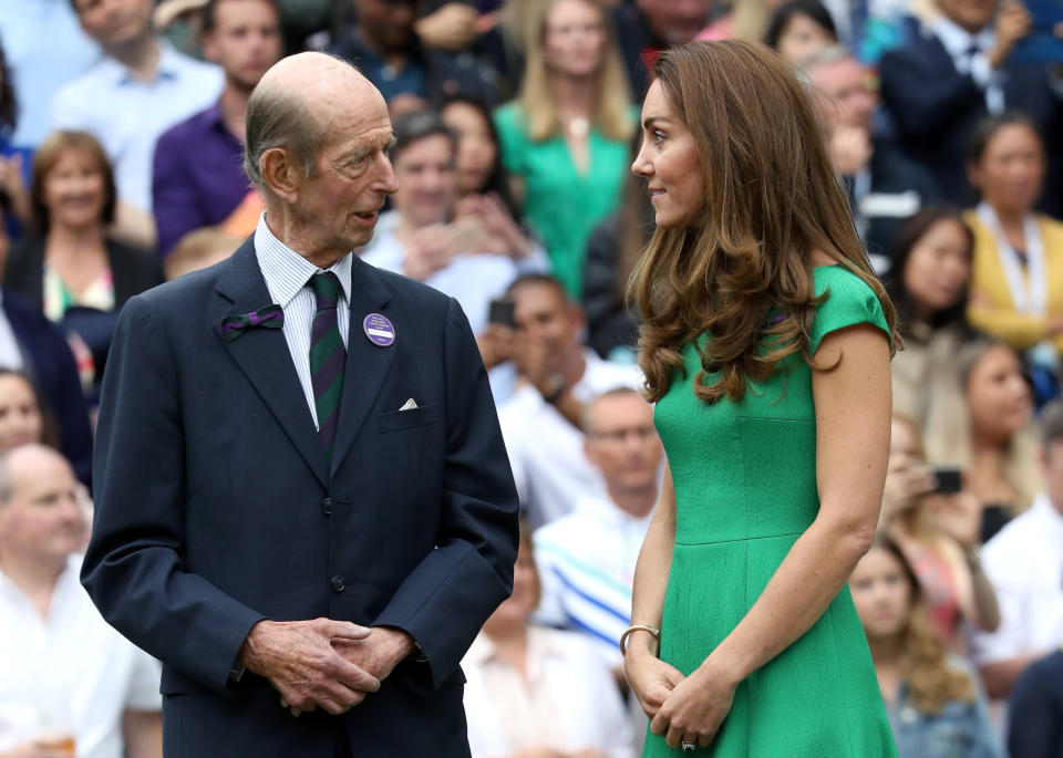 <p>The Duke of Kent – who stepped down as the president of the All England Lawn Tennis and Croquet Club (AELTC) after more than 50 years in 2021 – joins the Duchess of Cambridge on Centre Court to present the Women's Singles final championship trophy. (Getty Images)</p> 