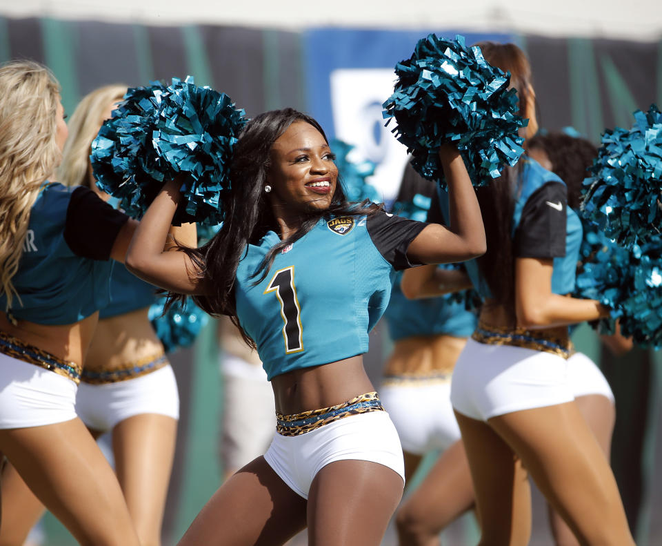 <p>Jacksonville Jaguars cheerleaders perform during the first half of an NFL football game against the Cincinnati Bengals, Sunday, Nov. 5, 2017, in Jacksonville, Fla. (AP Photo/Stephen B. Morton) </p>