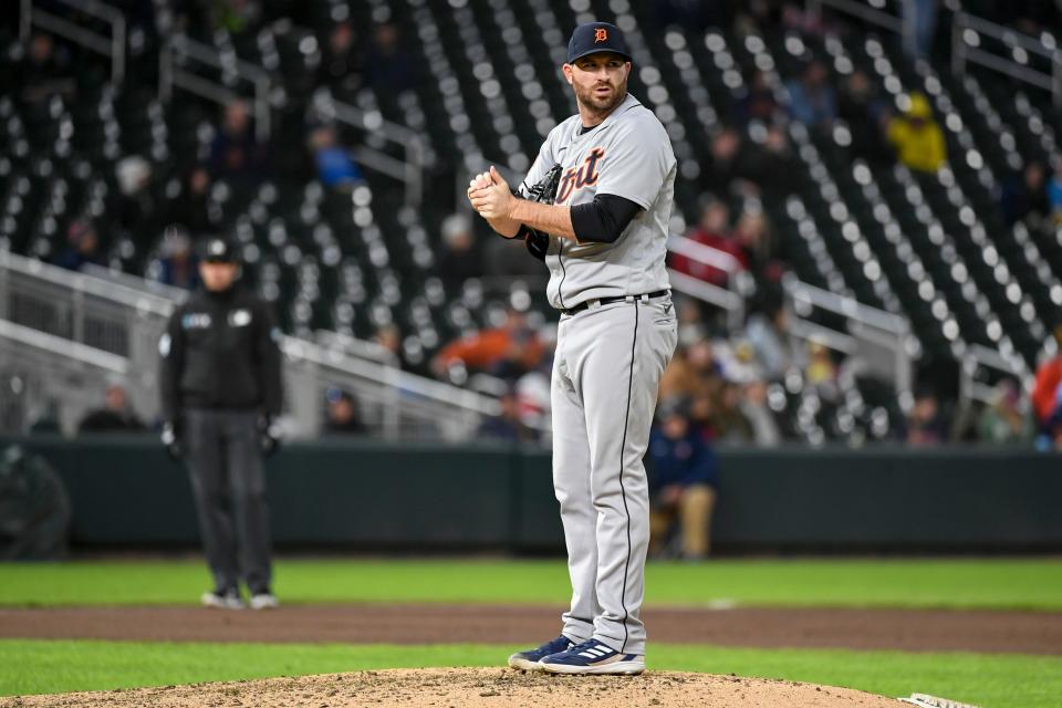 Tigers pitcher Drew Hutchison takes a moment as Twins right fielder Max Kepler walks on field for his at bat during the eight inning of the Tigers' 5-0 loss to the Twins on Wednesday, April 27, 2022, in Minneapolis.