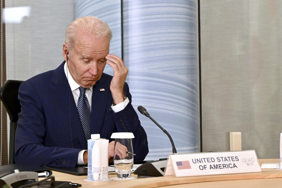 U.S. President Joe Biden participates in a Quad Leaders' meeting with Prime Minister Fumio Kishida of Japan, Prime Minister Narendra Modi of India, and Prime Minister Anthony Albanese of Australia, on the sidelines of the G7 summit in Hiroshima, western Japan, Saturday, May 20, 2023. (Kenny Holston/Pool Photo via AP)