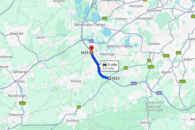 This is the section of the M25 that will be closed. Junction 10 is the point furthest south intersected by the A3 towards Guilford