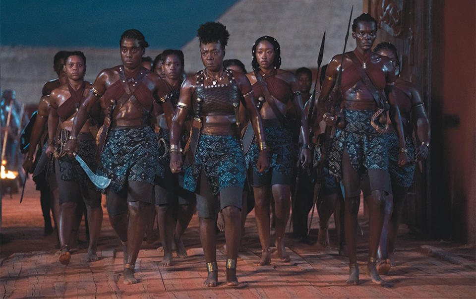 Front, from left: Lashana Lynch, Viola Davis and Sheila Atim in The Woman King.