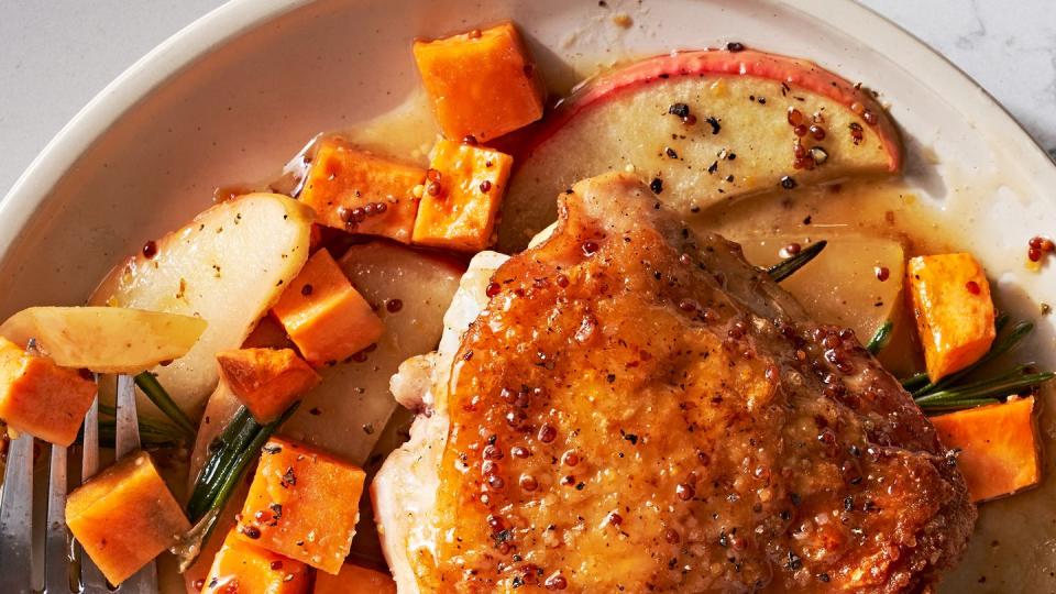 cider glazed chicken thighs with apples and sweet potatoes