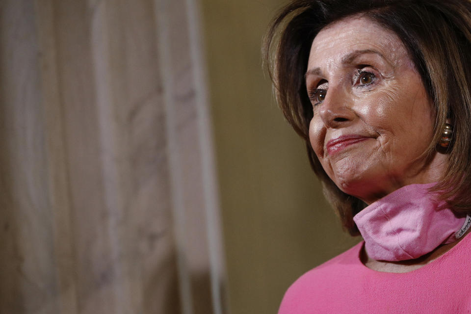 House Speaker Nancy Pelosi of Calif., speaks during an interview with The Associated Press on Capitol Hill in Washington, Wednesday, May 13, 2020. (AP Photo/Patrick Semansky)