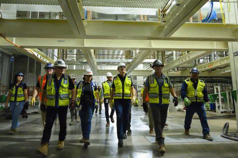 Accompanied by construction crews on Oct. 12, 2023, Intel CEO Pat Gelsinger tours the company's two new fabrication plants being built in Chandler, Arizona. The new factories on the company's Ocotillo campus are part of Intel's multibillion-dollar global manufacturing build-out, which includes new or expanded facilities in Oregon, New Mexico, Ohio, Malaysia, Ireland, Poland, Israel and Germany. (Credit: Intel Corporation)