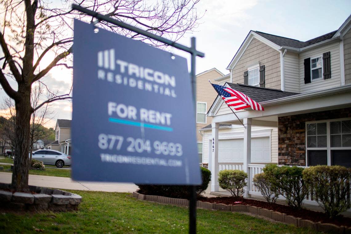 Tricon Residential, a publicly traded company that owns thousands of houses across North Carolina, advertises a home for rent on the corner of Horseback Lane and Offshore Drive in Raleigh.