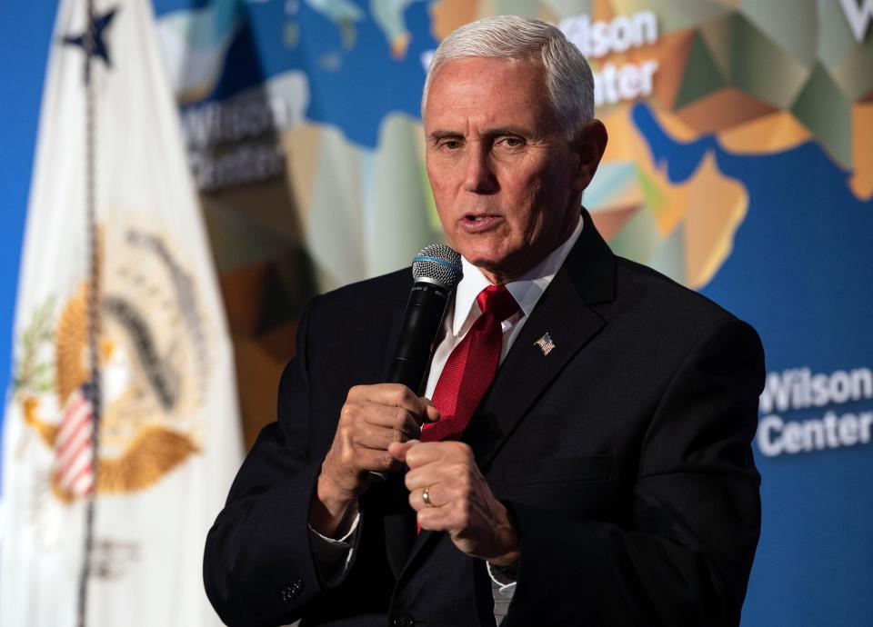 US Vice President Mike Pence speaks on the future of the US relationship with China at the  Wilson Center's inaugural Frederic V. Malek Public Service Leadership lecture, in Washington, DC, on October 24, 2019. (Photo by NICHOLAS KAMM / AFP) (Photo by NICHOLAS KAMM/AFP via Getty Images)