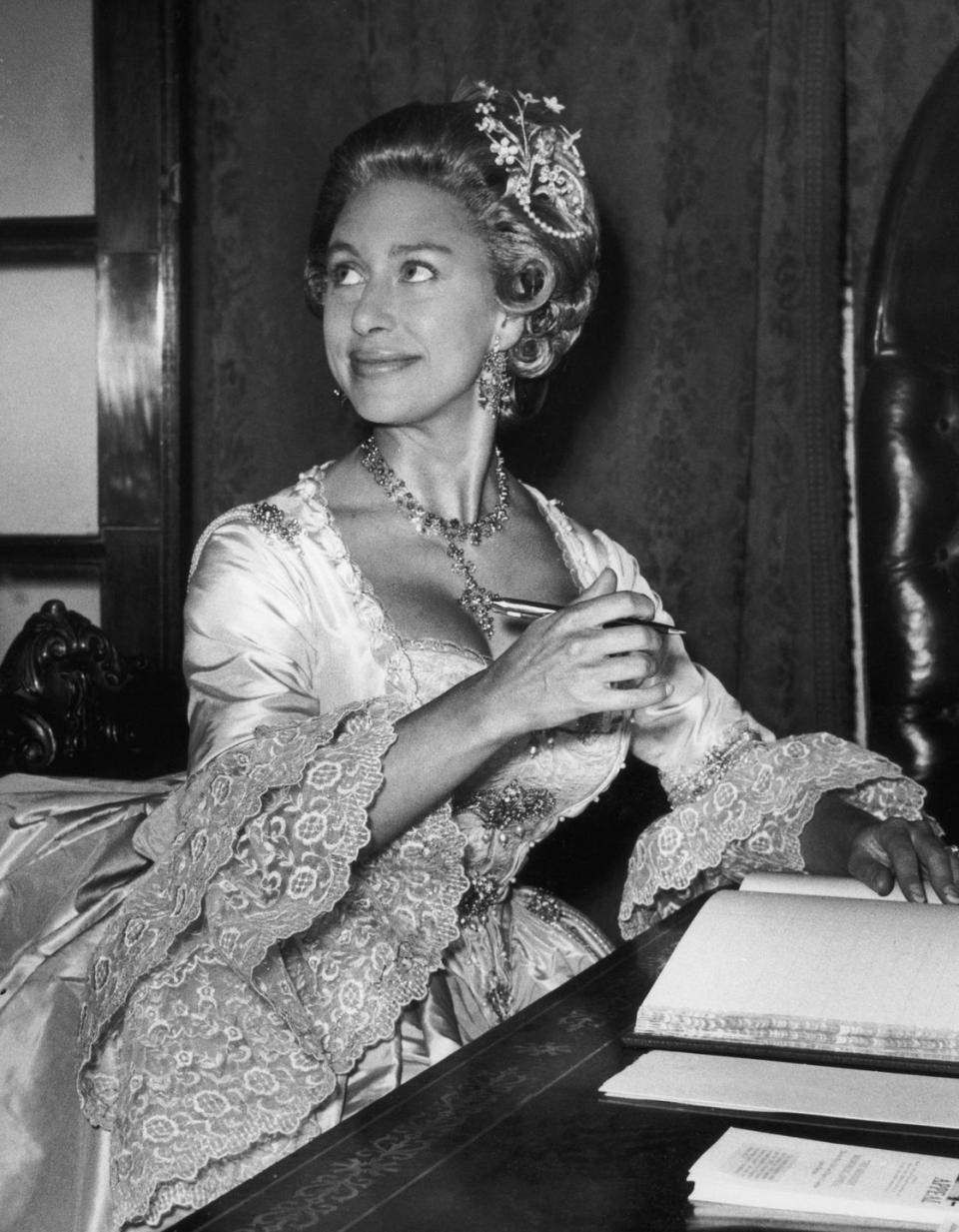 <p>Princess Margaret wearing an eighteenth Century ballgown and a wig to the Georgian Ball, a charity event in aid of the Friends of St. John's at the Mansion House in London, on July 1, 1964.</p>