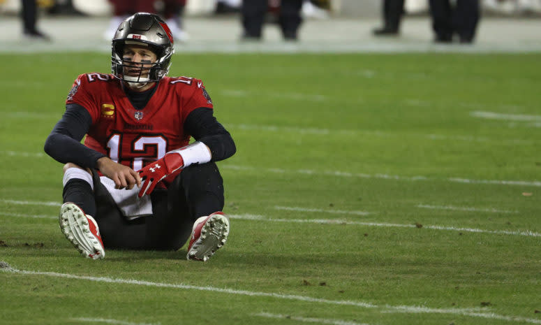 Tampa Bay Bucs quarterback Tom Brady on the field.