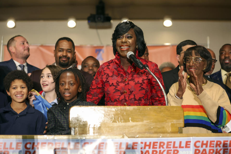 Democratic mayoral candidate Cherelle Parker, center, speaks during an election night party in Philadelphia, Tuesday, Nov. 7, 2023. Parker has been elected as Philadelphia's 100th mayor, becoming the first woman to hold the office. (Heather Khalifa/The Philadelphia Inquirer via AP)