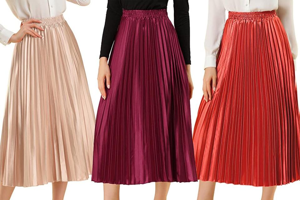 Allegra K Women's Elastic Waist Party Metallic Shiny Accordion Pleated Midi Skirt