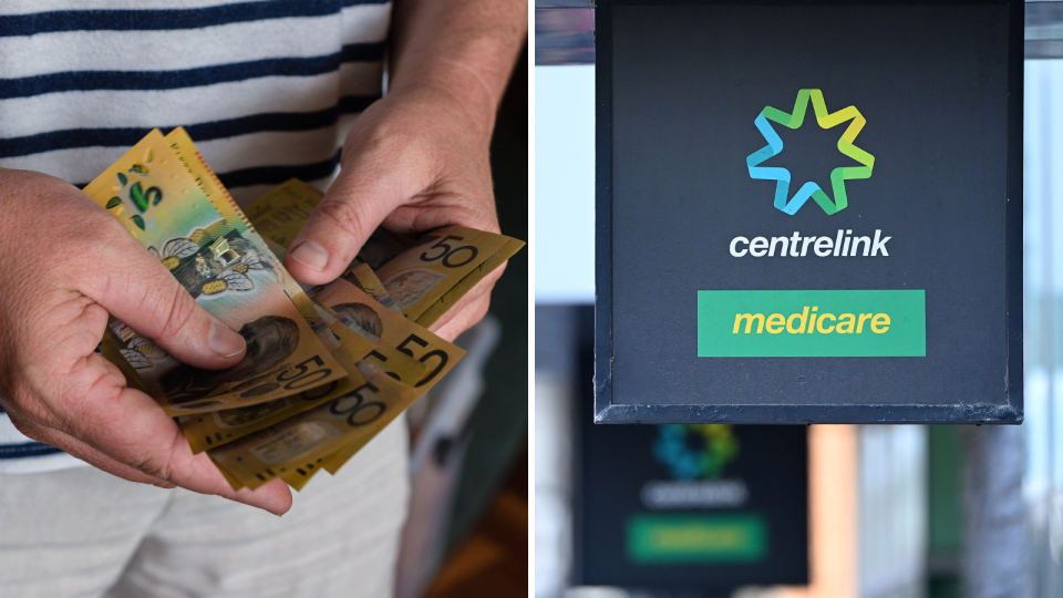 Composite image of Australian money and Centrelink sign. Age pension payment concept.