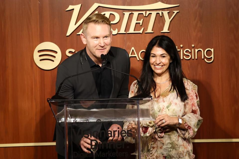 LOS ANGELES, CALIFORNIA - OCTOBER 26: (L-R) Tom Henry, Director of Client Partnerships, Entertainment, US at Spotify and Sabrina Sarnoff, Director of Sales, Entertainment at Spotify speak onstage during Variety and Spotify's Marketing Visionaries dinner at Sunset Tower Hotel on October 26, 2023 in Los Angeles, California. (Photo by Tommaso Boddi/Variety via Getty Images)