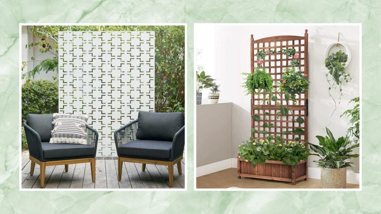  Walmart backyard furniture buys including two types of privacy screens, one in a backyard with two chairs, another on a balcony surrounded by plants. 