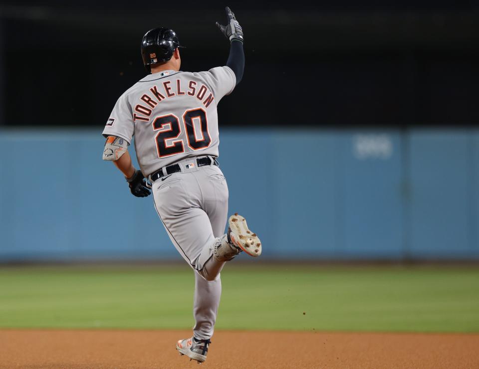 Tigers first baseman Spencer Torkelson reacts to his solo home run during the first inning on Tuesday, Sept. 19, 2023, in Los Angeles.