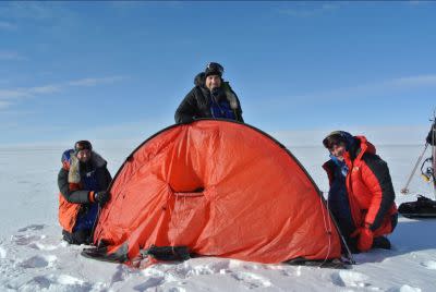 The boys of the Test Your Limits team set up the tent on Day 13 of the journey to the South Pole.