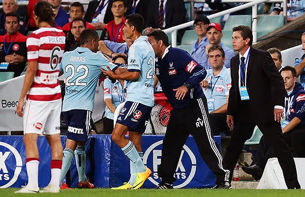 An infuriated Abbas even clashed with his own coach, Frank Farina. Source: Getty