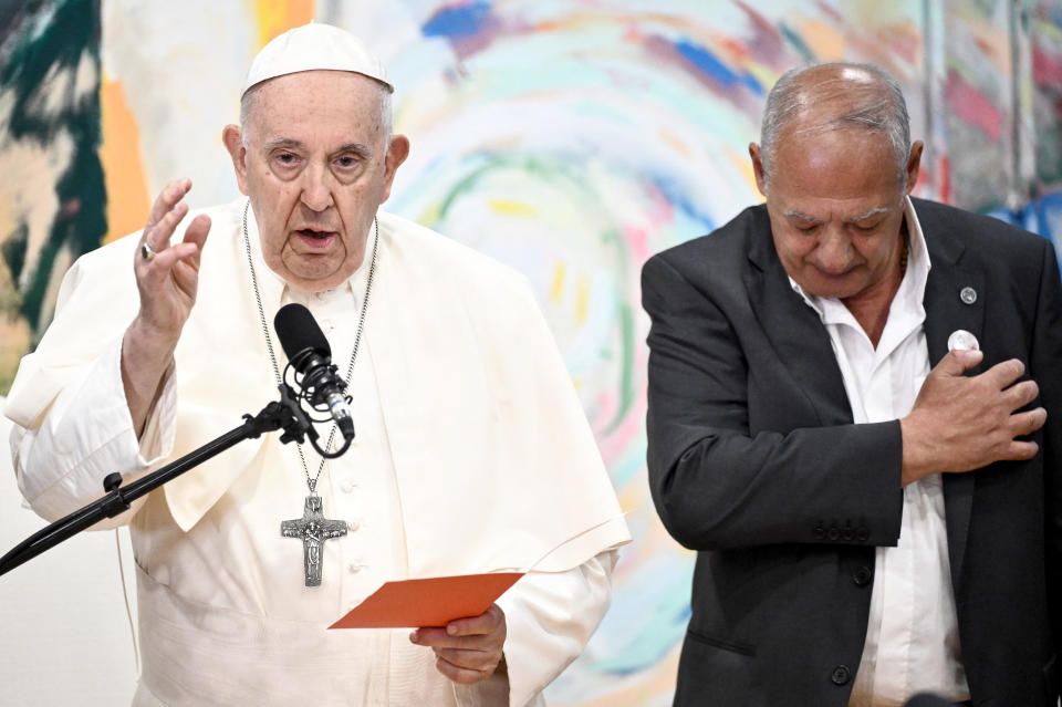 Pope Francis and Scholas Occurrentes director Jose Maria del Corral take part in a meeting with young members of Scholas Occurrentes educational foundation, during the pope's five-day visit to attend the World Youth Day (WYD) gathering of young Catholics, in Cascais, Portugal, August 3, 2023. / Credit: MARCO BERTORELLO/Pool/REUTERS