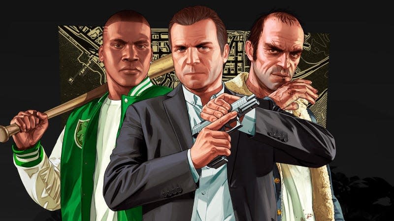 GTA V's main characters appear in front of a black background. 