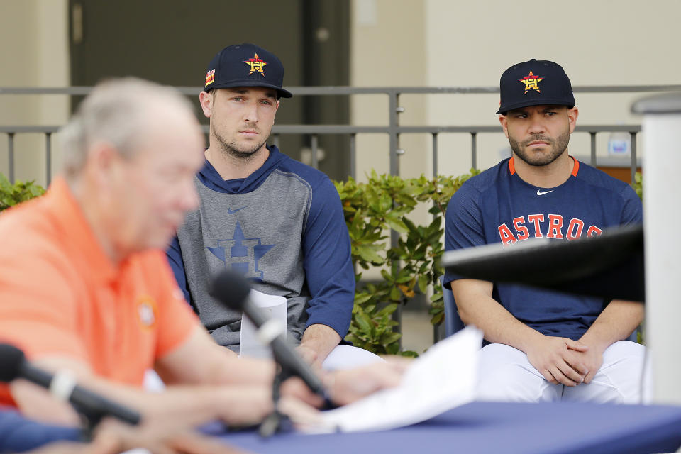 An apology from owner Jim Crane and statements from Alex Bregman and Jose Altuve did little to quell the anger around baseball over the Astros' 2017 sign-stealing operation. (Photo by Michael Reaves/Getty Images)