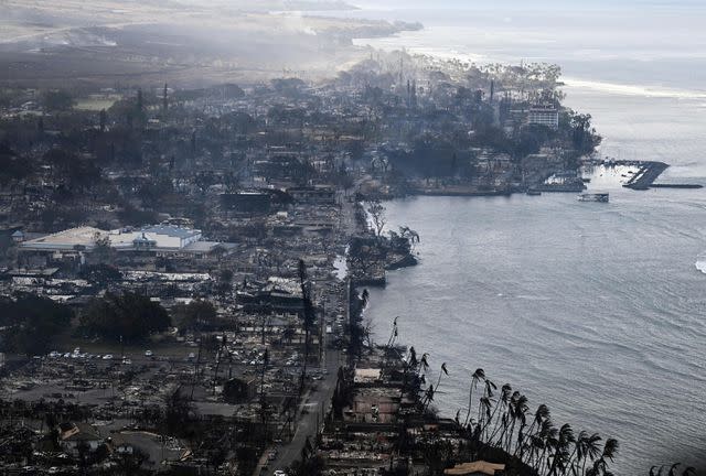 <p>PATRICK T. FALLON/AFP via Getty Images</p> An aerial view shows destroyed homes and buildings that burned to the ground around the harbor and Front Street in the historic Lahaina Town in the aftermath of wildfires in western Maui in Lahaina, Hawaii.