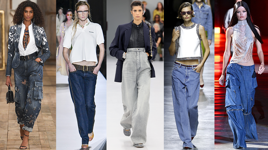 five images of models wearing baggy jeans on the runway 