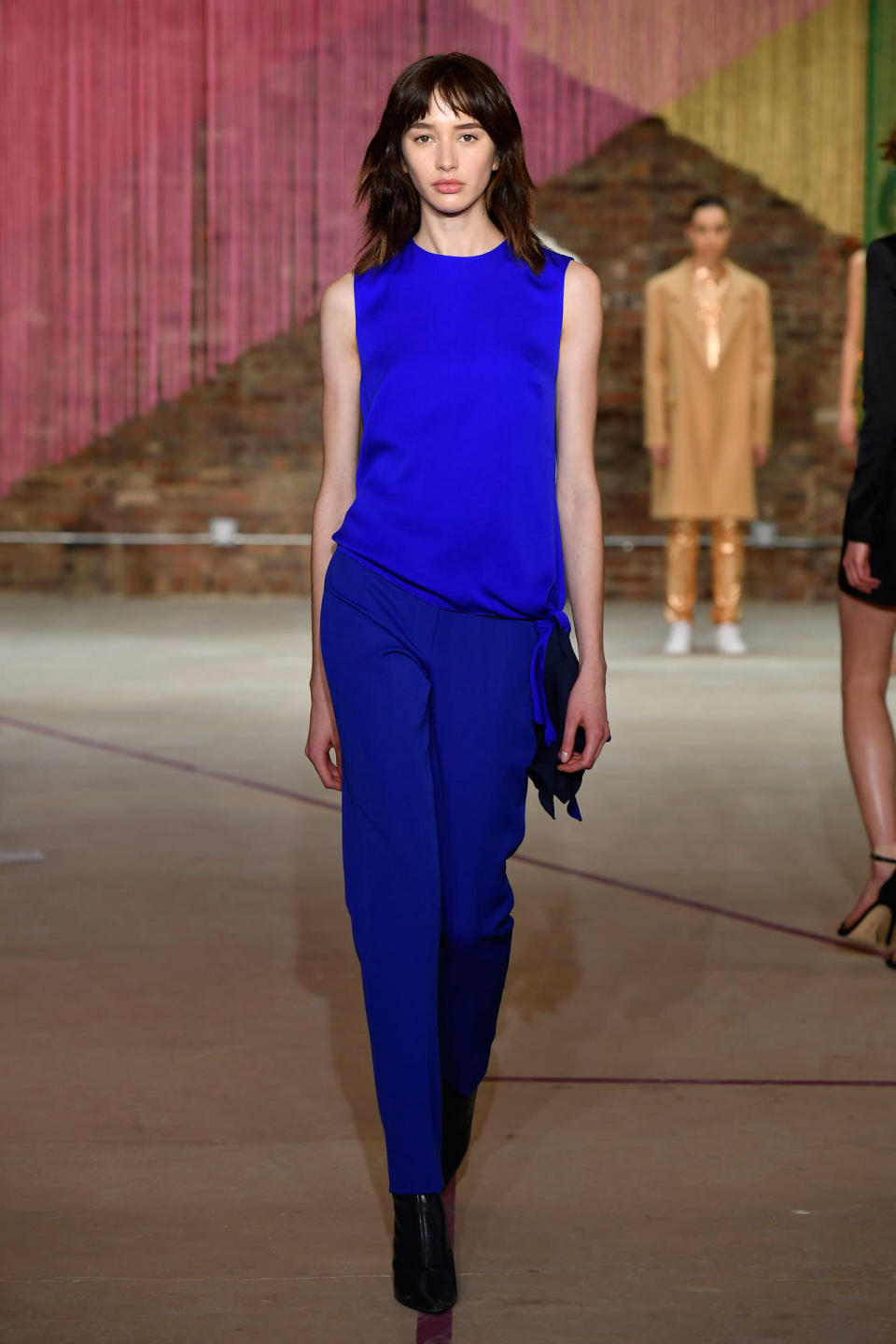 <p>Models wears a monochromatic cobalt blue top and trousers at the Milly Fall/Winter 2018 show. (Photo: Courtesy of Greg Kessler) </p>