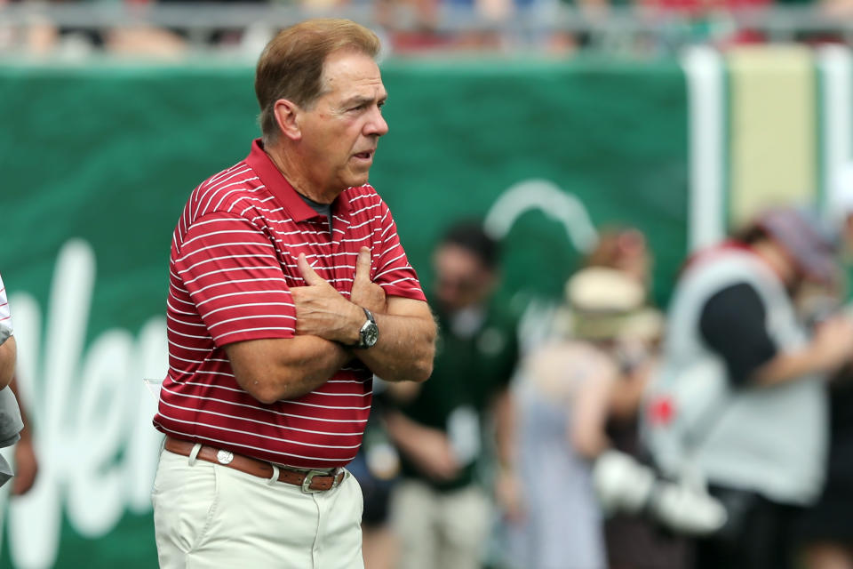 TAMPA, FL - SEPTEMBER 16: Alabama Crimson Tide Head Coach Nick Saban watches his team warm up before the College Football game between the Alabama Crimson Tide and the South Florida Bulls on September 16, 2023 at Raymond James Stadium in Tampa, FL. (Photo by Cliff Welch/Icon Sportswire via Getty Images)