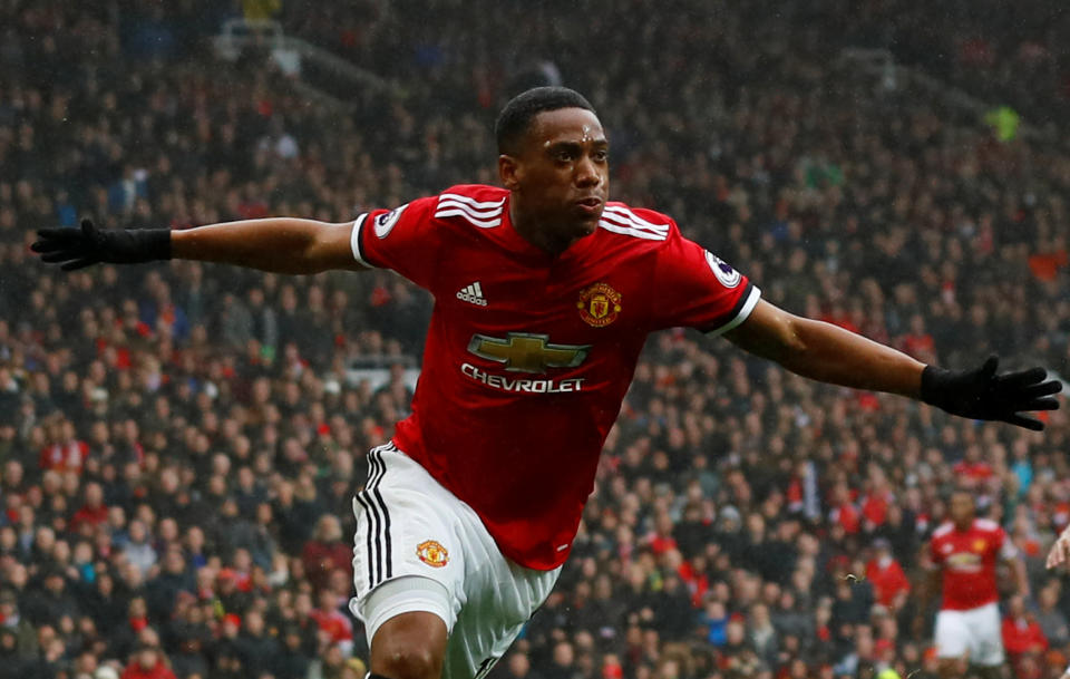 <p>Anthony Martial celebrates putting United 1-0 up</p>