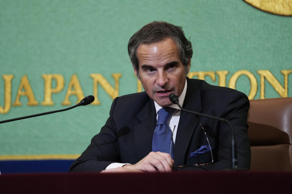 Director General of the International Atomic Energy Agency (IAEA) Rafael Grossi speaks during a news conference at the Japan National Press Club in Tokyo, Friday, May 20, 2022. Responding to questions about risks of accidents amid the war in Ukraine, Grossi said there is a robust set of precautions to prevent attacks on nuclear facilities like the huge atomic power facility in Zaporizhzhia but added that similar care must be taken to avoid disasters from dams and chemical facilities. (AP Photo/Hiro Komae)