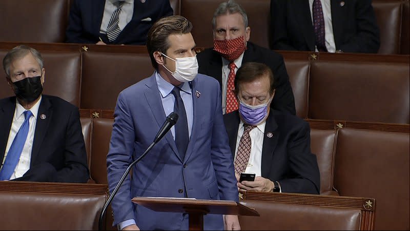 In this Jan. 6, 2021, file image from video, Rep. Matt Gaetz, R-Fla., speaks as the House reconvenes to debate the objection to confirm the Electoral College vote from Arizona, after protesters stormed into the U.S. Capitol. (House Television via AP)