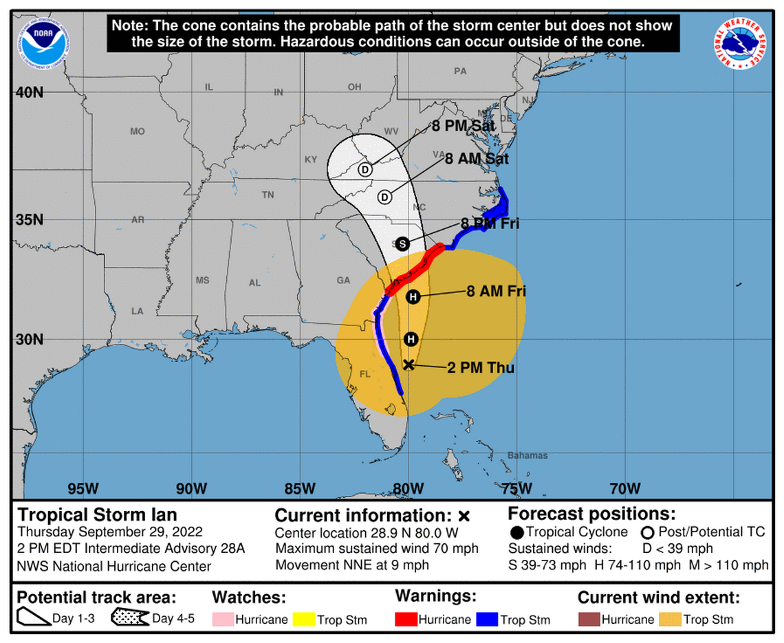 Path of Tropical Storm Ian at 2 p.m. Sept. 29, 2022.