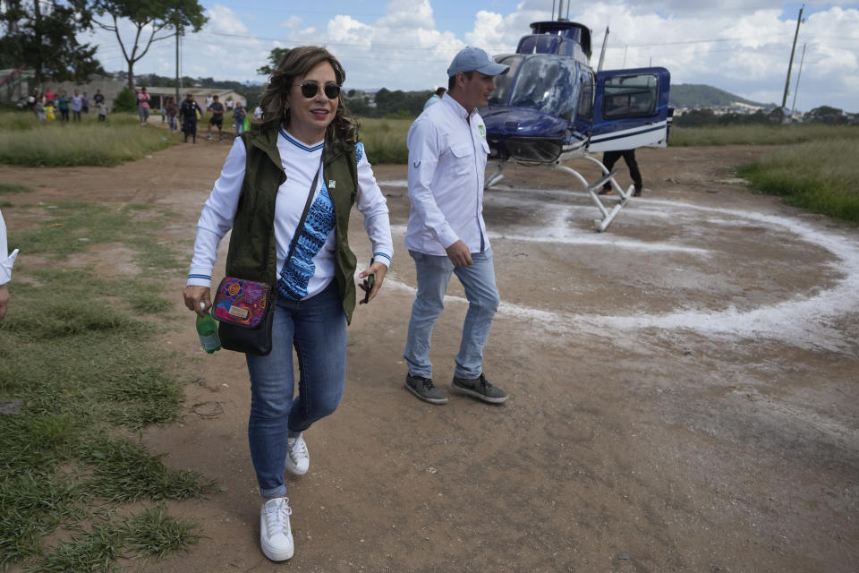 Sandra Torres, presidential candidate of UNE party, arrives for a campaign rally in San Juan Sacatepequez, Guatemala, Sunday, Aug. 6, 2023. Torres will face Bernardo Arévalo of the Seed Movement party in an Aug. 20 runoff election. (AP Photo/Moises Castillo)