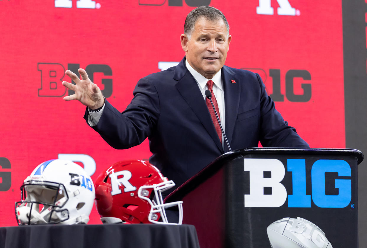 Rutgers coach Greg Schiano speaks during Big Ten football media day on July 23. (Michael Hickey/Getty Images)