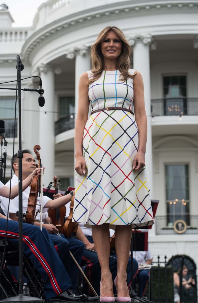 <p>Melania took it down a notch from Dolce & Gabbana for the Congressional Picnic. For the event, she sported a Mary Katrantzou dress with a rainbow windowpane check.</p>