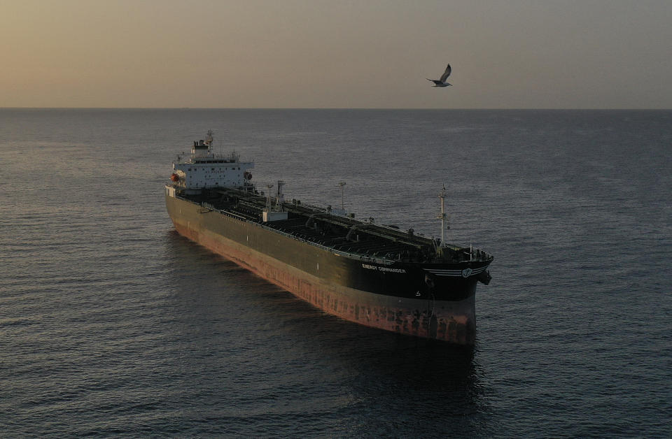 The UK-flagged crude oil tanker ENERGY COMMANDER is moored off the shores of the Mediterranean port of Limassol. Cyprus, Monday, April 22, 2024. Oil prices fall more than 3% as traders discount Iran-Israel war risk. (Photo by Danil Shamkin/NurPhoto via Getty Images)