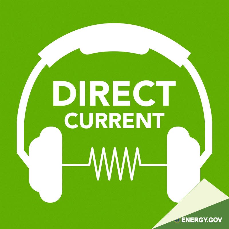 The image for the Direct Current podcast. It features an energy current between two individual headphones.