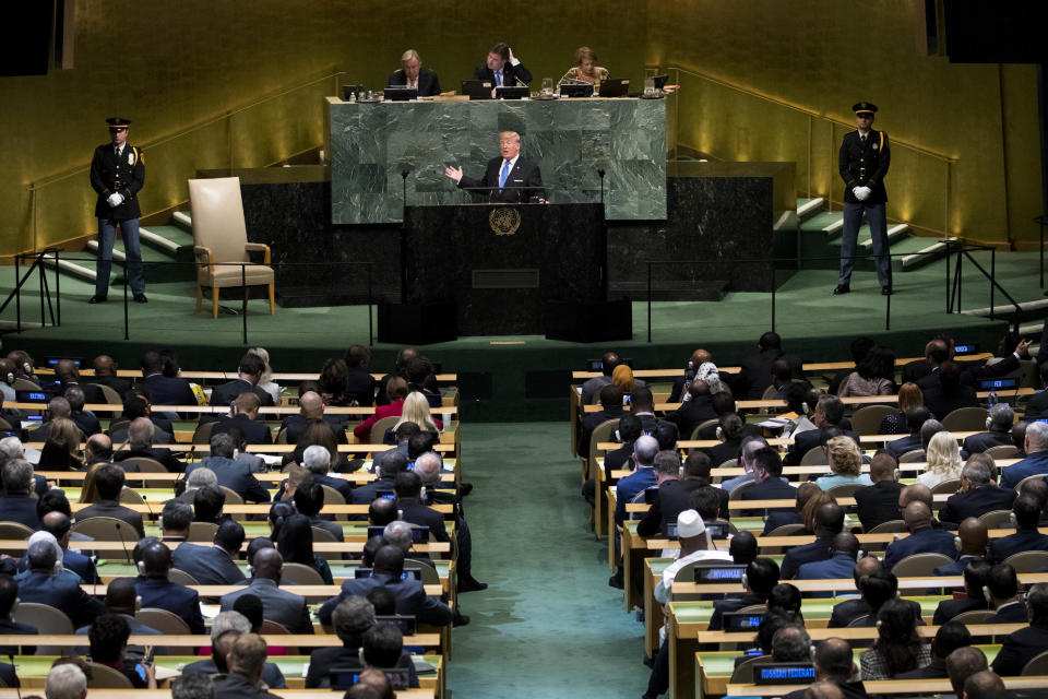 <p>President Trump addresses the United Nations General Assembly at U.N. headquarters, Sept. 19, 2017, in New York City. Among the issues facing the assembly this year are North Korea’s nuclear developement, violence against the Rohingya Muslim minority in Myanmar and the debate over climate change. (Photo: Drew Angerer/Getty Images) </p>