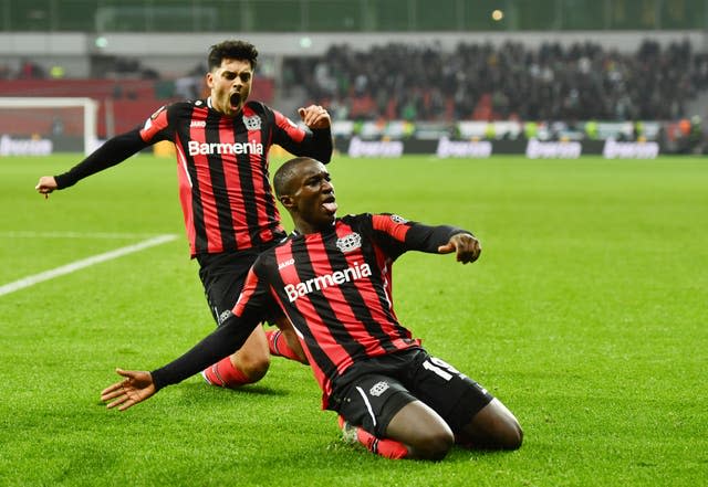 Leverkusen’s Moussa Diaby celebrates scoring their side’s third goal of the game during the UEFA Europa League, Group G match at BayArena, Leverkusen. Picture date: Thursday November 25, 2021.