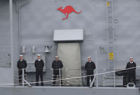 The Royal Australian Navy's Adelaide class guided missile frigate HMAS Melbourne (III) arrives at Qingdao Port for the 70th anniversary celebrations of the founding of the Chinese People's Liberation Army Navy (PLAN), in Qingdao, China, April 21, 2019. REUTERS/Jason Lee